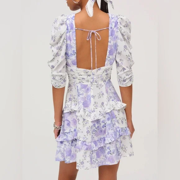 For Love and Lemons Rosalyn Mini Dress Lavender Floral Ruffle Dress Size Small